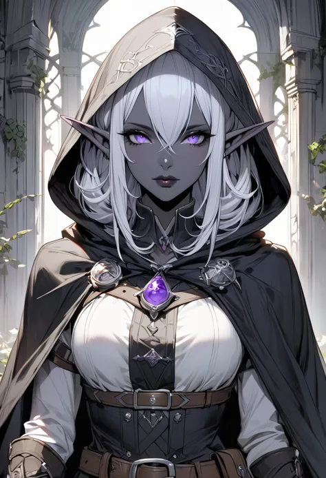 drow,  pointed ears, solitary, elf, hood, skin of color, looking at the audience, long silver hair, cloak, dark elf, hood up, ca...