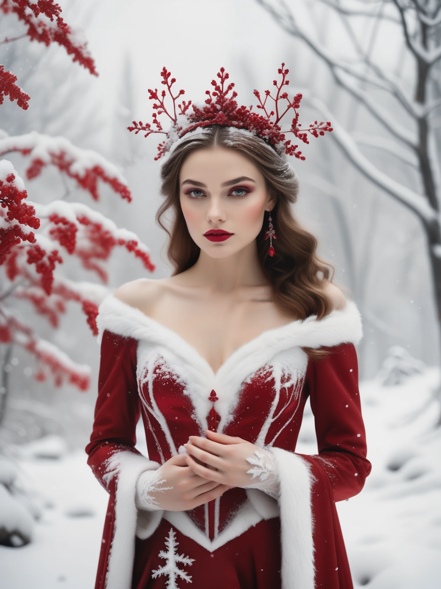 liza_white_model  snow fae princess, photo real,  (8k, RAW photo, highest quality), hyper realistic, red ruby gemstone suit, hauntingly beautiful illustrations, fairytale-inspired, winter snow background, blurry background
 lora:add-detail-xl:1> "
 p