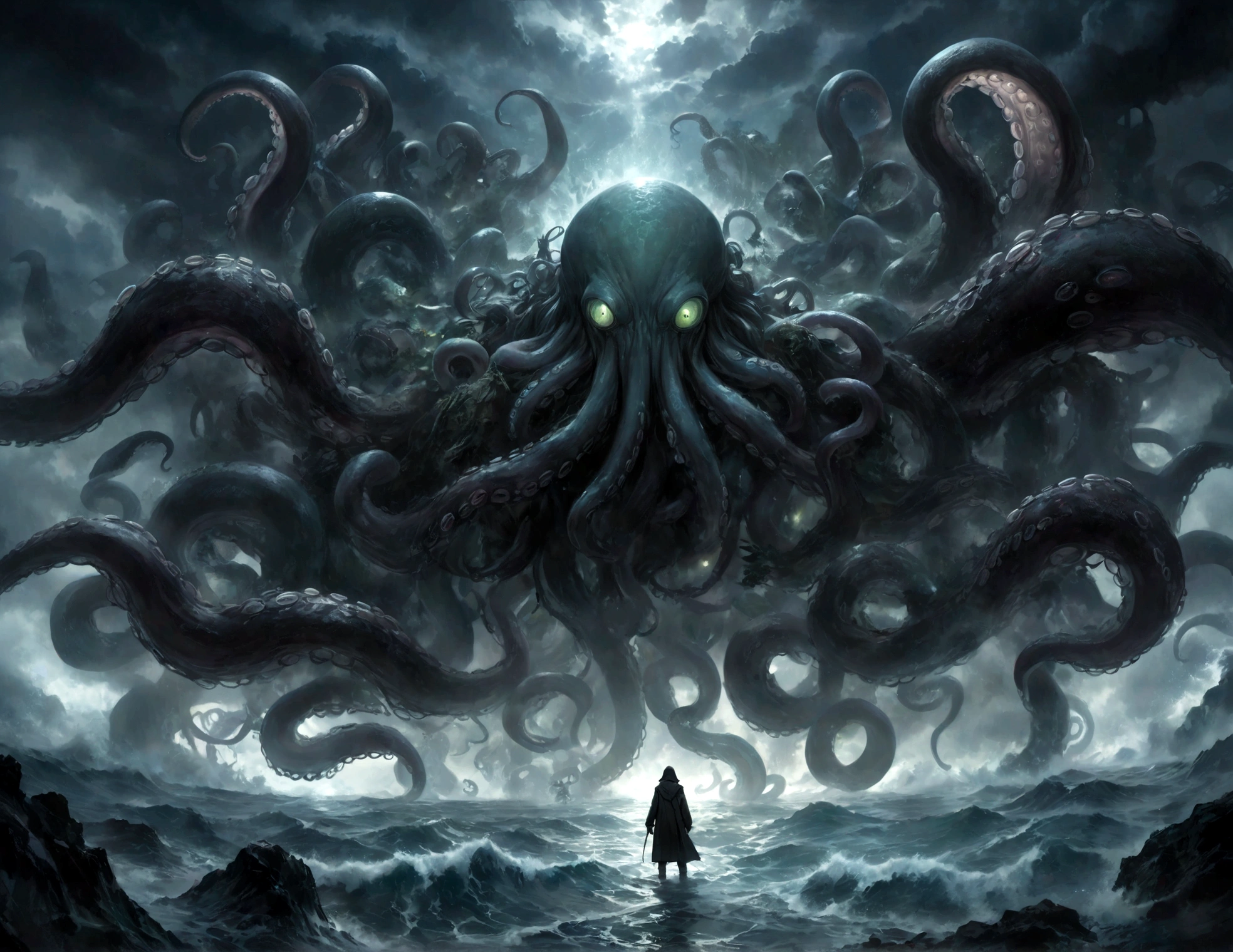 A dark fantasy scene depicting the terrifying creature Cthulhu,emerging from the abyss. The monstrous figure,shrouded in shadows,has large,((menacing tentacles reaching out toward the viewer:1.3)),The atmosphere is eerie and foreboding,with a stormy,nightmarish sky filled with swirling dark clouds. The sea below is turbulent and foamy,reflecting the chaos above. Dim,ghostly lights illuminate parts of Cthulhu’s form,enhancing the horror. The viewer feels an intense sense of dread as the tentacles draw nearer,creating a gripping,immersive experience.,(masterpiece:1.3),(highest quality:1.4),(ultra detailed:1.5),High resolution,extremely detailed,unity 8k wallpaper,(Draws a dark and decadent background,Expresses the fear that the viewer feels,collapses the bottom of the image,Please express it artistically by blurring it in some places.),dynamically,Presence,fear,despair,dark fantasy,Nervousness,Light and darkness