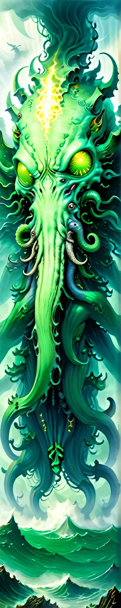 giant Cthulhu deity emerging from the depths of the ocean on the horizon, amid dense and hazy green fog, dense clouds and lightning around the monster.