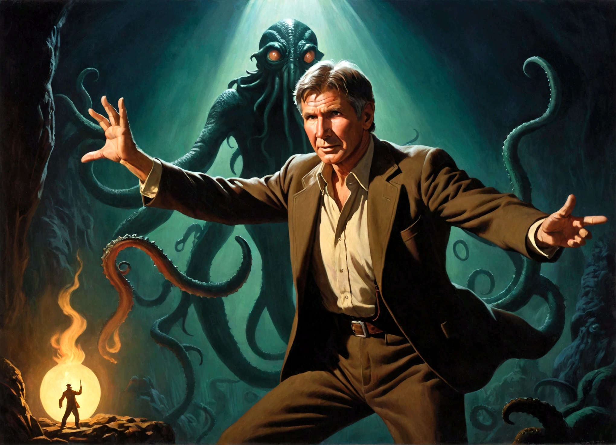 50s movie poster, Harrison Ford (age 30) adventurers gear dramatic pose, Cthulu and his dark shadow reaching for him