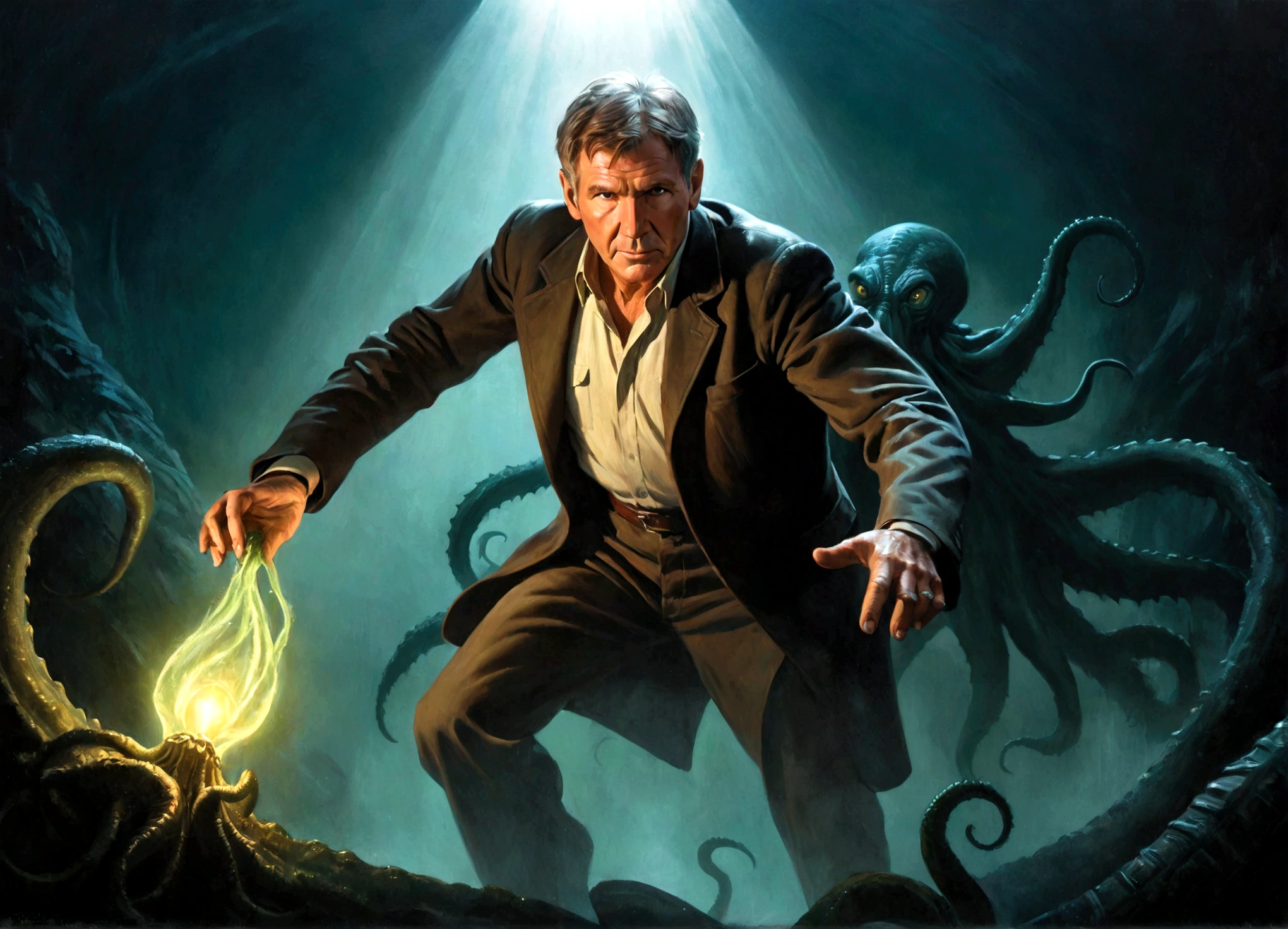 50s movie poster, Harrison Ford (age 30) adventurers gear dramatic pose, Cthulu and his dark shadow reaching for him
