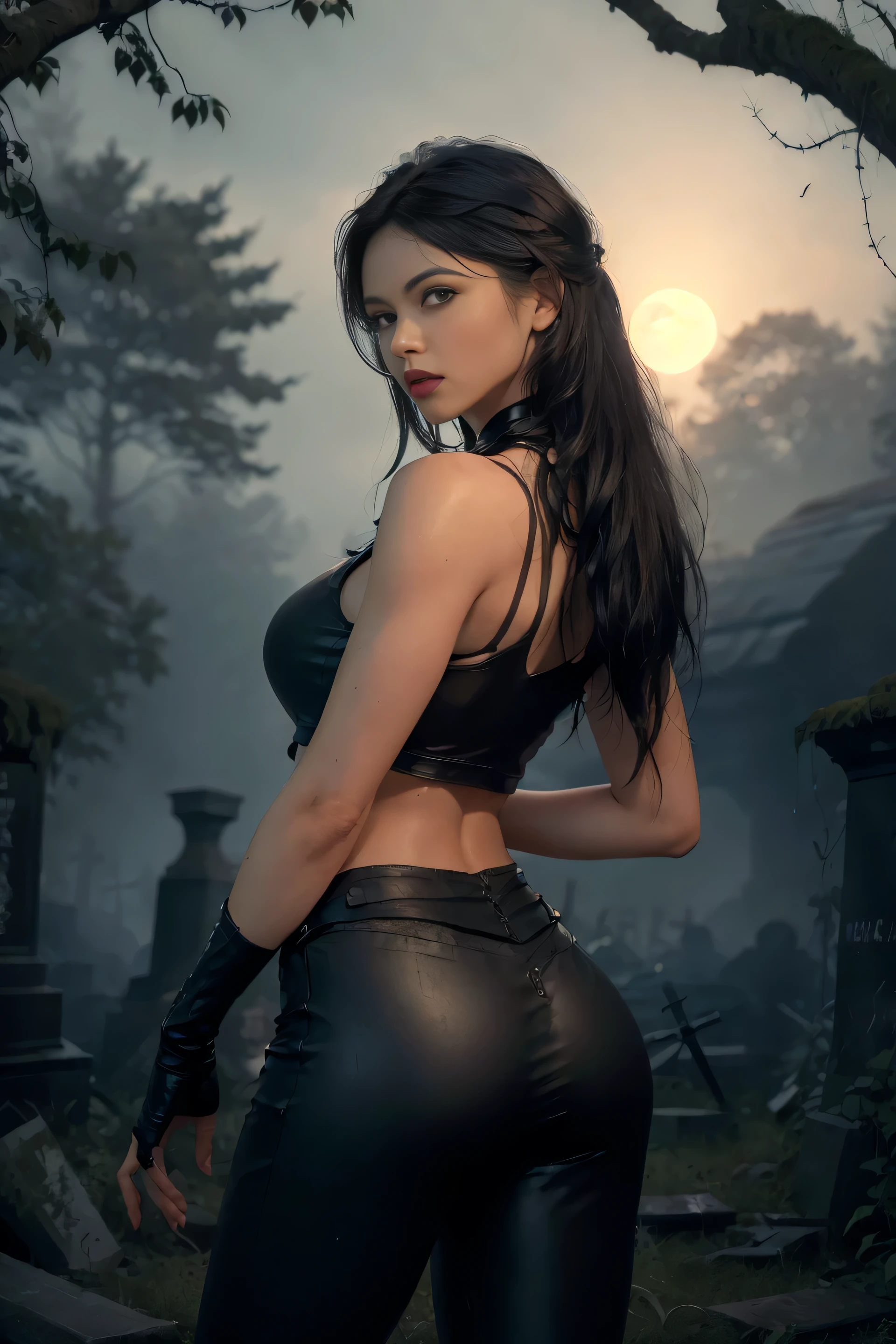 (realistic, photorealistic, photorealistic:1.37 ), horror, dark and gloomy mood with dramatic lighting, Foggy environment, Mossy trees, detailed facial expressions, long wavy hair, Horrible fog, full body Dark Angel, long black straight hair, black eyes, high arched eyebrows, long graceful neck, red lips, pale skin color, large breasts, muscular, huge black closed mother wing,  tight black leather pants, pale black sleeveless torn t-shirt, leather boots, in an ancient cemetery overgrown with abandoned plants, standing with his back among the graves, stretching his hands to the moon