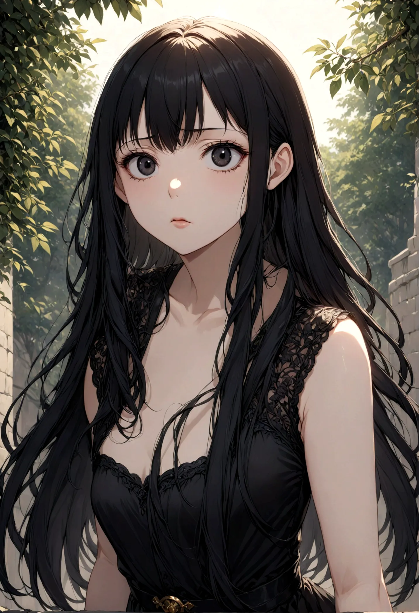 detailed, (masterpiece:1.2), (pale_skin:1.2), (alone:1.2), (woman), thin, (shine_eye), long hair, bangs, black hair, outdoor, no...