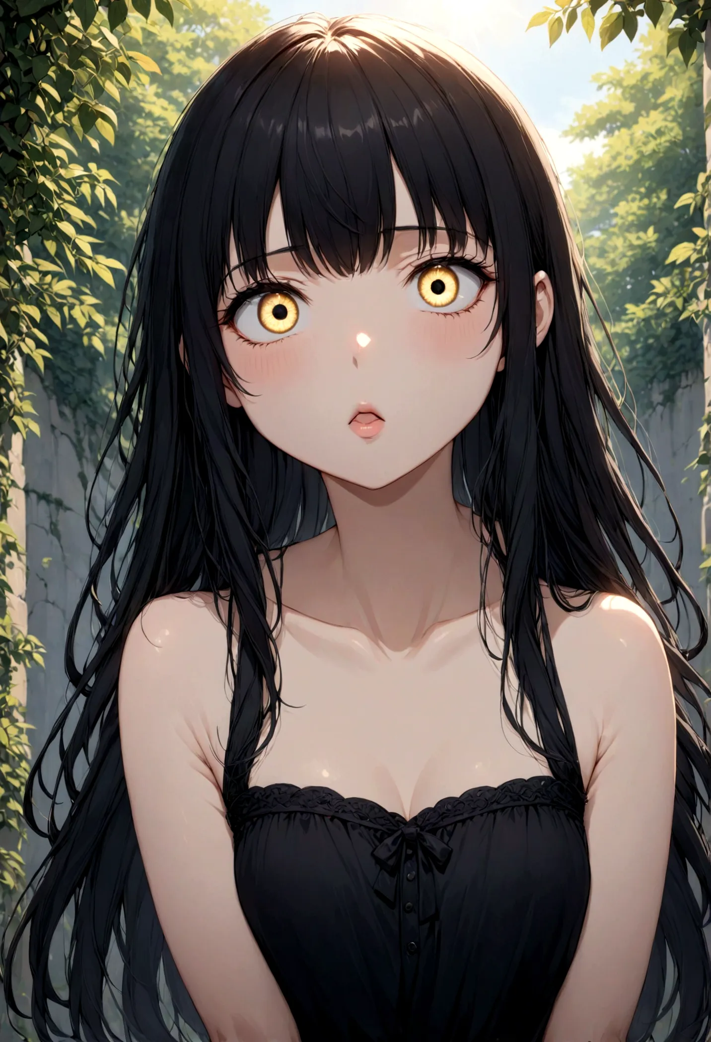 detailed, (masterpiece:1.2), (pale_skin:1.2), (alone:1.2), (woman), thin, (shine_eye), long hair, bangs, black hair, outdoor, no...