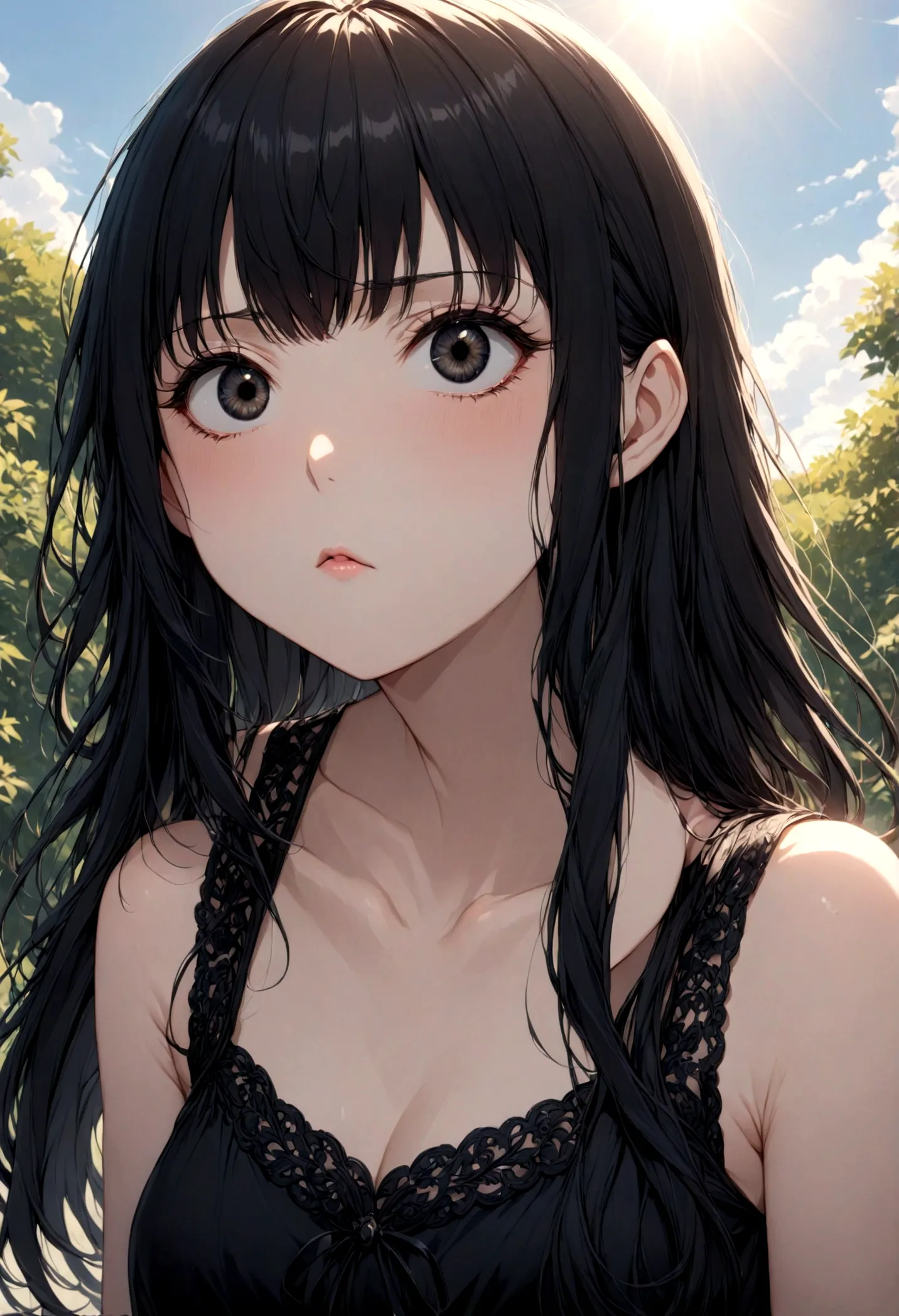 detailed, (masterpiece:1.2), (pale_skin:1.2), (alone:1.2), (woman), thin, (shine_eye), long hair, bangs, black hair, outdoor, no...