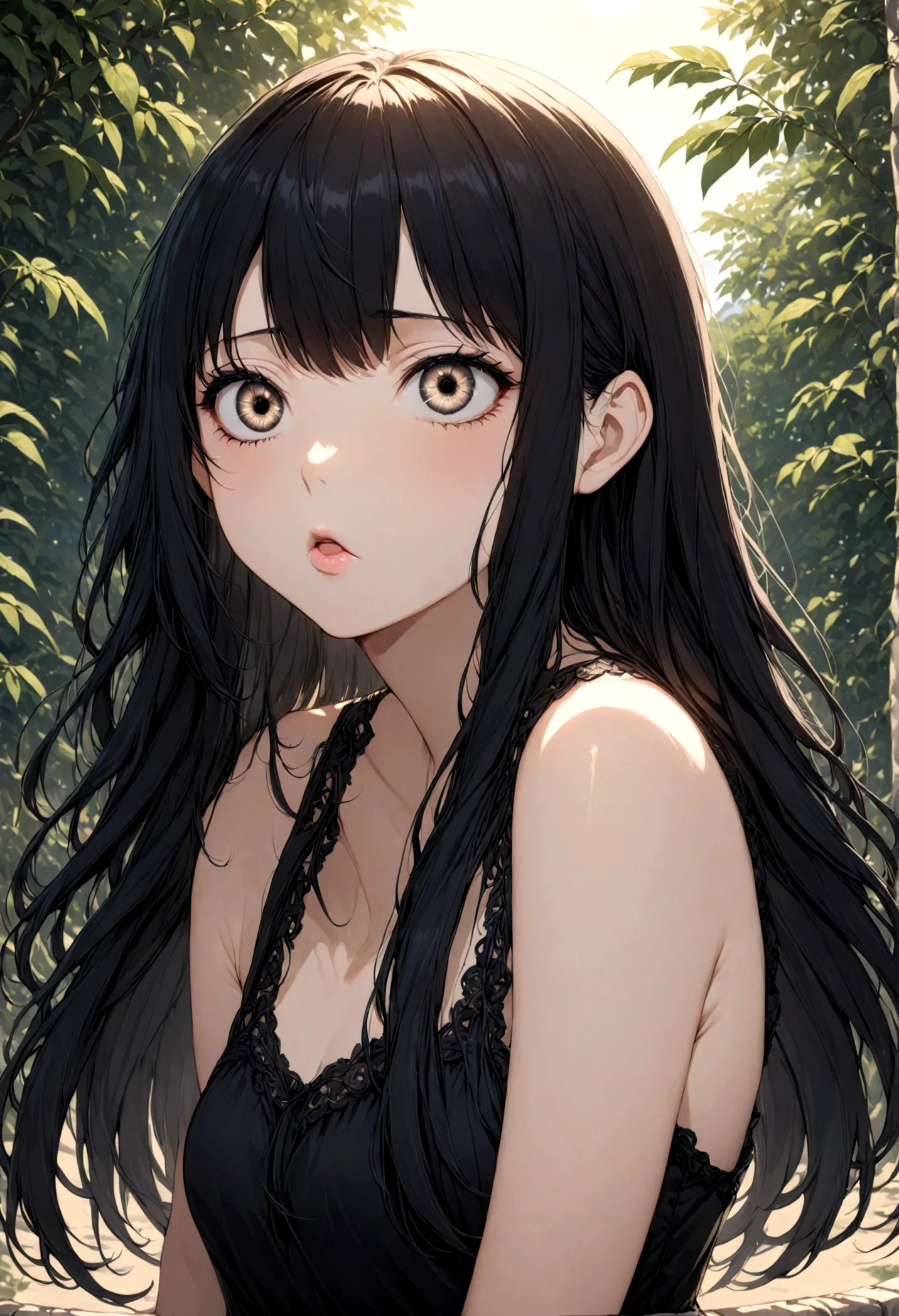 detailed, (masterpiece:1.2), (pale_skin:1.2), (alone:1.2), (woman), thin, (shine_eye), long hair, bangs, black hair, outdoor, no...