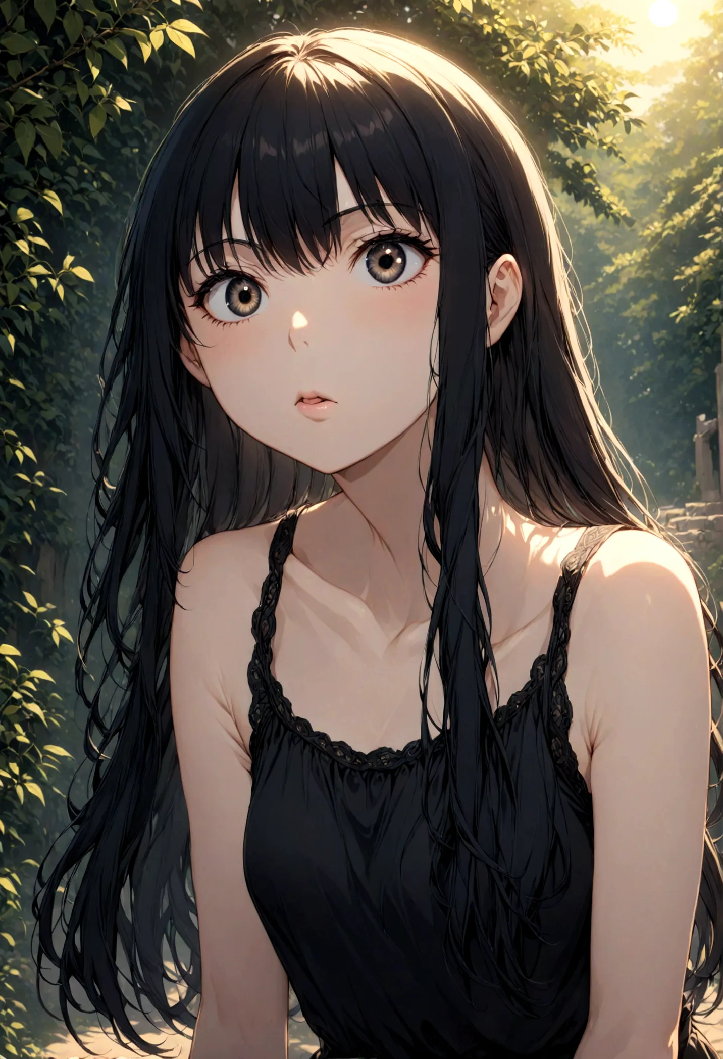 detailed, (masterpiece:1.2), (pale_skin:1.2), (alone:1.2), (woman), thin, (shine_eye), long hair, bangs, black hair, outdoor, no...