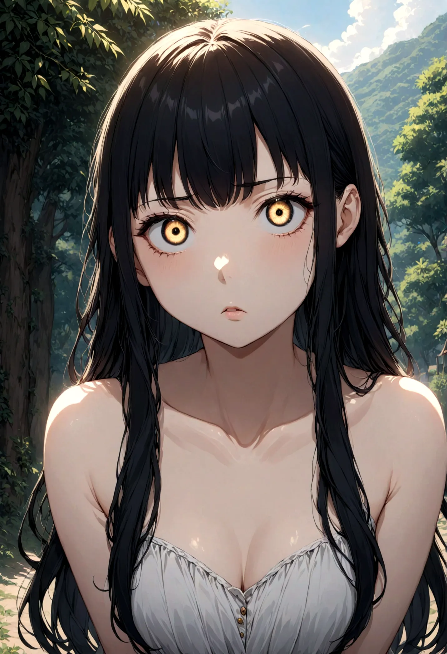 detailed, (masterpiece:1.2), (pale_skin:1.2), (alone:1.2), (woman), thin, (shine_eye), long hair, bangs, black hair, outdoor, no...