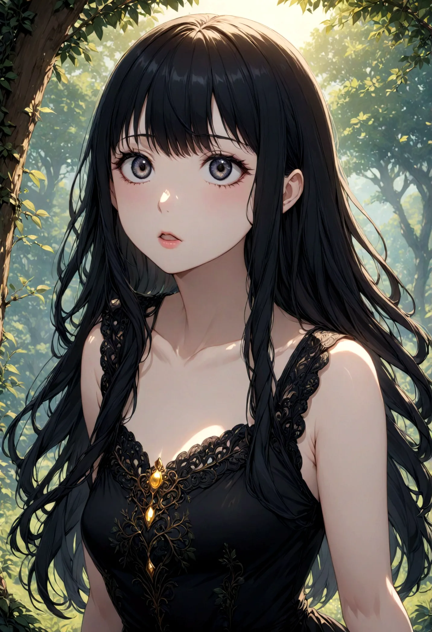 detailed, (masterpiece:1.2), (pale_skin:1.2), (alone:1.2), (woman), thin, (shine_eye), long hair, bangs, black hair, outdoor, no...