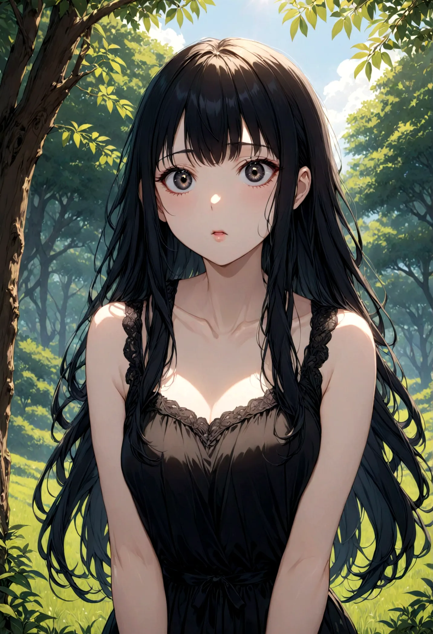 detailed, (masterpiece:1.2), (pale_skin:1.2), (alone:1.2), (woman), thin, (shine_eye), long hair, bangs, black hair, outdoor, no...