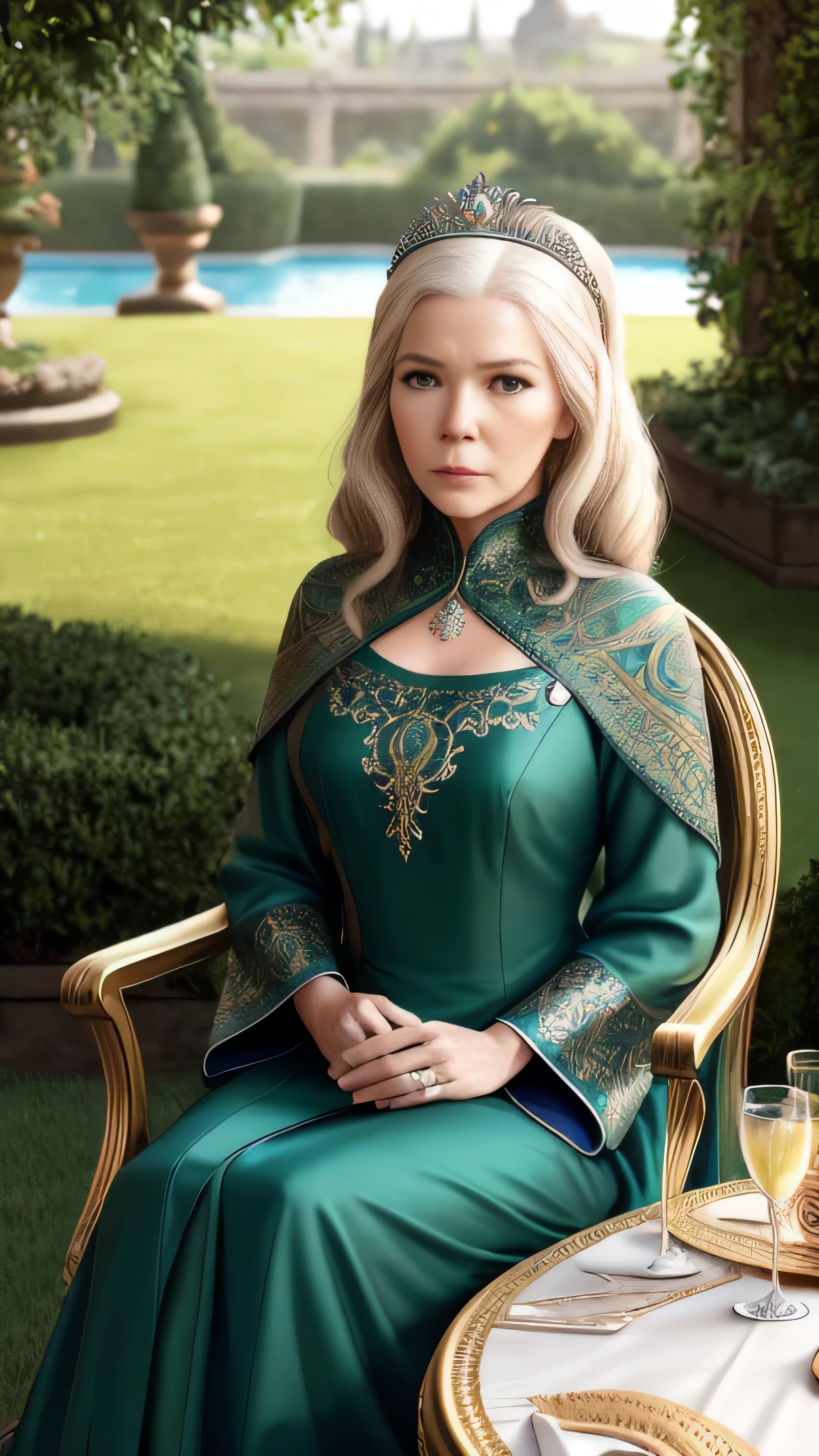 (Diana Rigg) als Olenna Tyrell, reiche reife Dame, langes grünes königliches Kleid, Diadem, Sitzung, auf dem Luxussessel, in der Nähe von Luxus runden Tisch, im Garten, Game of Thrones, (1 Frau), (Allein), (Ganzkörperansicht), beautiful ausführlich glow, ausführlich, filmisches Licht, komplizierte Details, realistisch, highres, ausführlich facial features, Hohe Detailliertheit, scharfer Fokus, glatt, ästhetisch, extremely ausführlich, Briefmarke, octane render