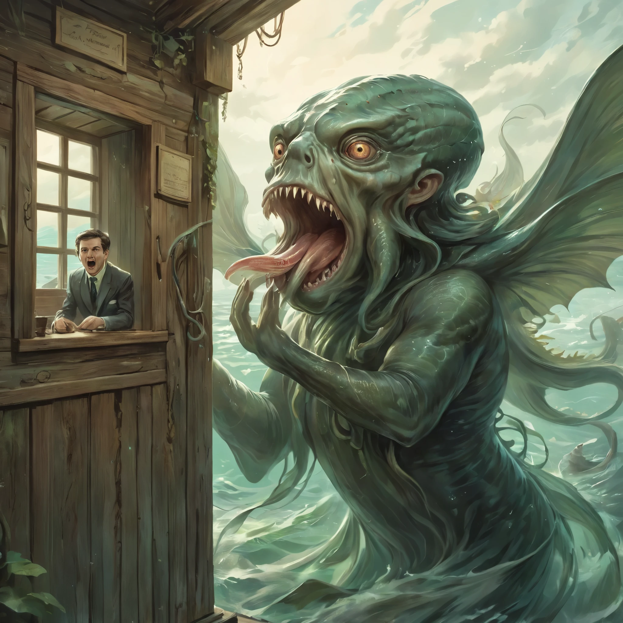 1male\(mad, fuming, weeping, drooling, looking hollow with empty eyes, mysterious words "Ia! Ia! Cthulhu fhtagn" from his mouth, laughing\) is inside the wooden house, outside the window you can see many mermans\(deep ones,greyish-green, white bellies,mostly shiny and slippery,scaly back,vaguely anthropoid, heads of fish, prodigious bulging eyes, palpitating gills at sides of necks,webbed long paws\),(vntg artstyle:1.2),(spirit of the wind:1.2)