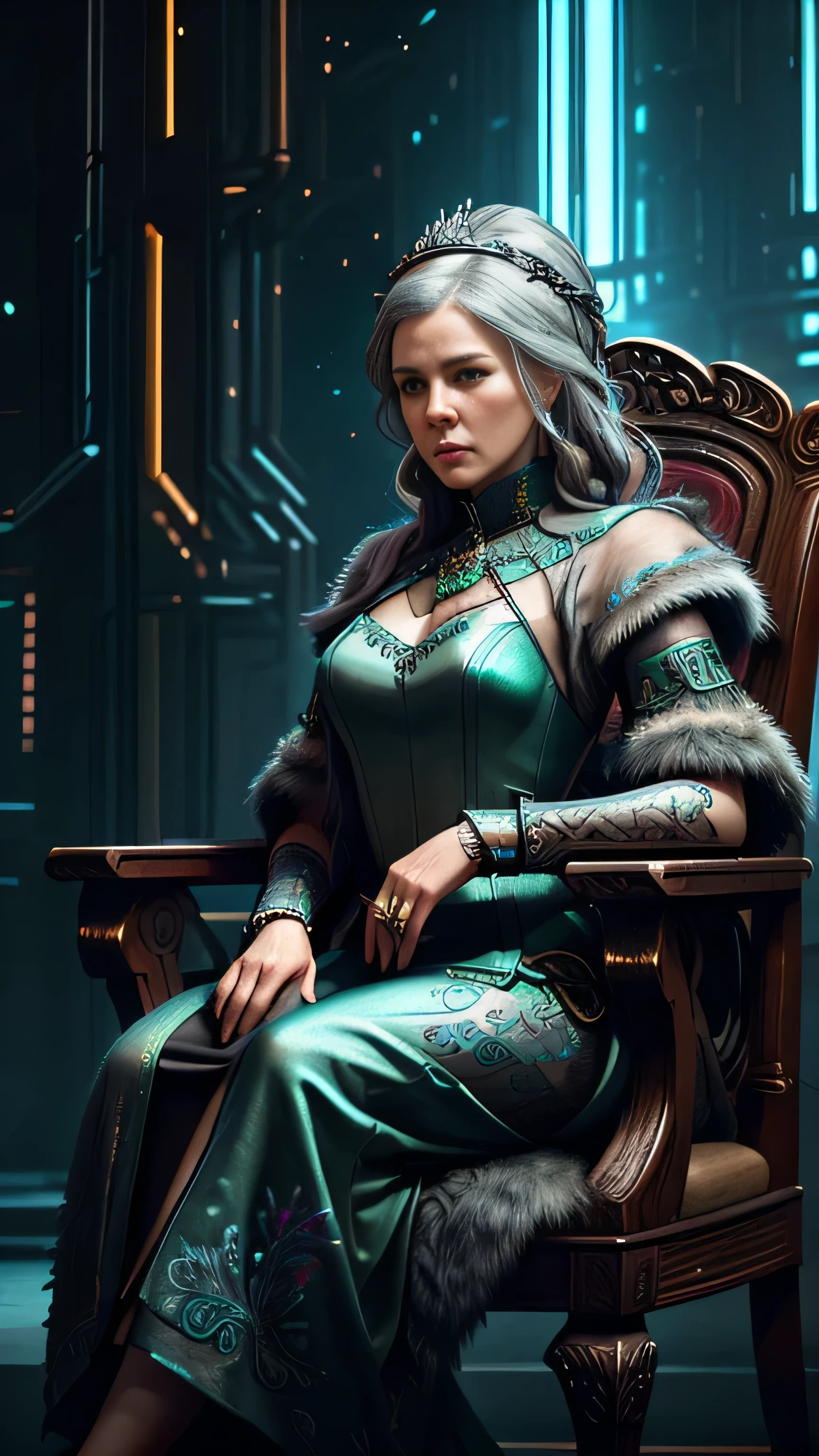 (Diana Rigg) as Olenna Tyrell, rich mature lady, long green royal dress, diadem, sitting, on the luxury chair, near luxury round table, in the garden, Game of Thrones, (1woman), (solo), (full body view), beautiful detailed glow, detailed, cinematic light, intricate detail, realistic, highres, detailed facial features, high detail, sharp focus, smooth, aesthetic, extremely detailed, stamp, octane render