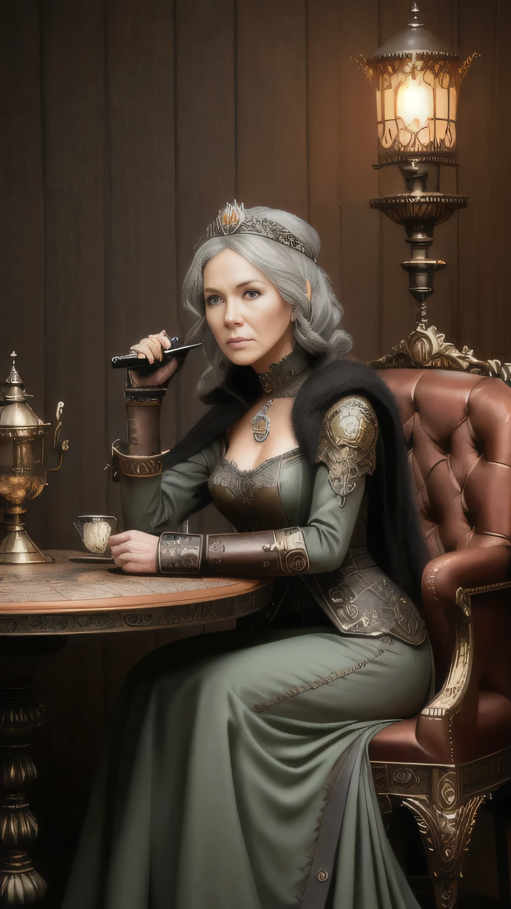 (Diana Rigg) as Olenna Tyrell, rich mature lady, long green royal dress, diadem, sitting, on the luxury chair, near luxury round table, in the garden, Game of Thrones, (1woman), (solo), (full body view), beautiful detailed glow, detailed, cinematic light, intricate detail, realistic, highres, detailed facial features, high detail, sharp focus, smooth, aesthetic, extremely detailed, stamp, octane render