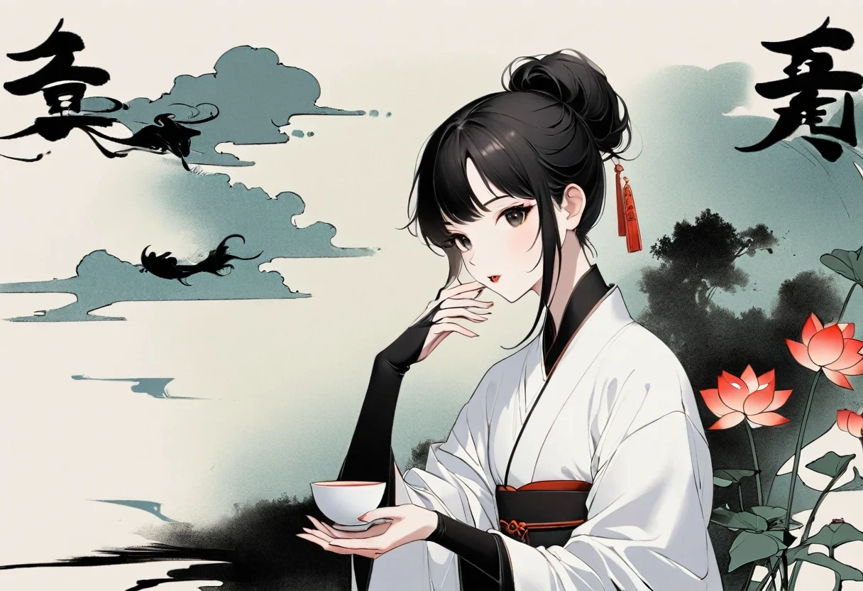 (Leave a lot of white:1.5)，white, White background, simple, Minimalism, abstract,Freehand，Aesthetic，Tai Chi，Gossip，Black and white，Taoist style，Ink Painting，antiquity，Lotus，Girl drinking tea