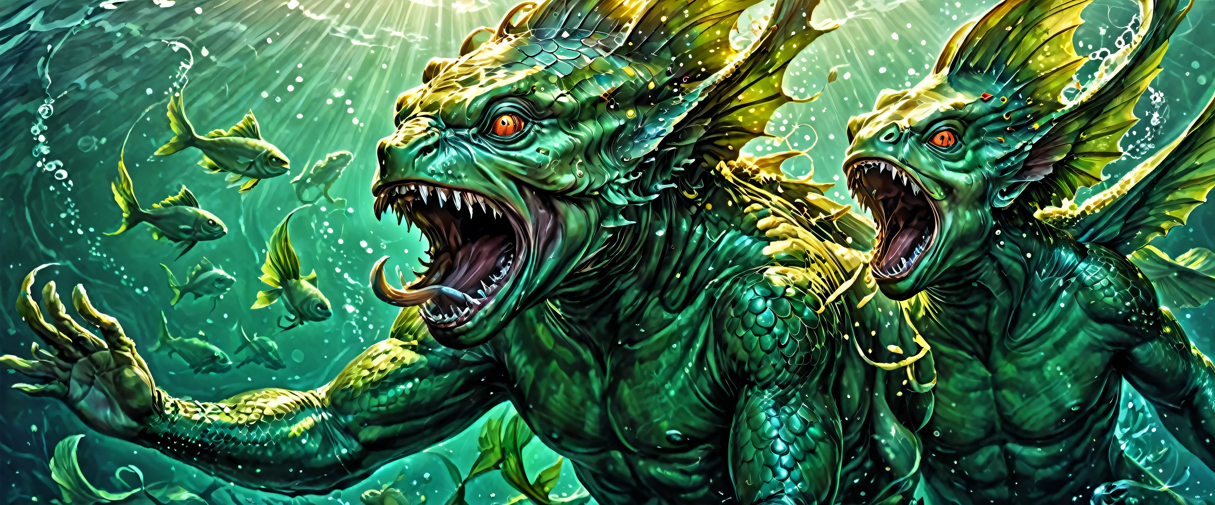 many monsters\(deep ones,greyish-green, white bellies,mostly shiny and slippery,backs were scaly,vaguely suggested the anthropoid, heads of fish, with prodigious bulging eyes sides of their necks were palpitating gills, long paws were webbed\) and the very huge monster\(Dagon,scales,water scraps on hands and feet\) are praying to excessively huge haze in the shape of Cthulhu\(green,octopus-like head whose face was a mass of feelers, a scaly, rubbery-looking body, prodigious claws on hind and fore feet, and long, narrow wings behind\) which is (maddening just to look at:1.3), in the background (psychedelic landscape),(dark underwater temple),(dynamic angle:1.4),art for THE CALL OF CTHULHU