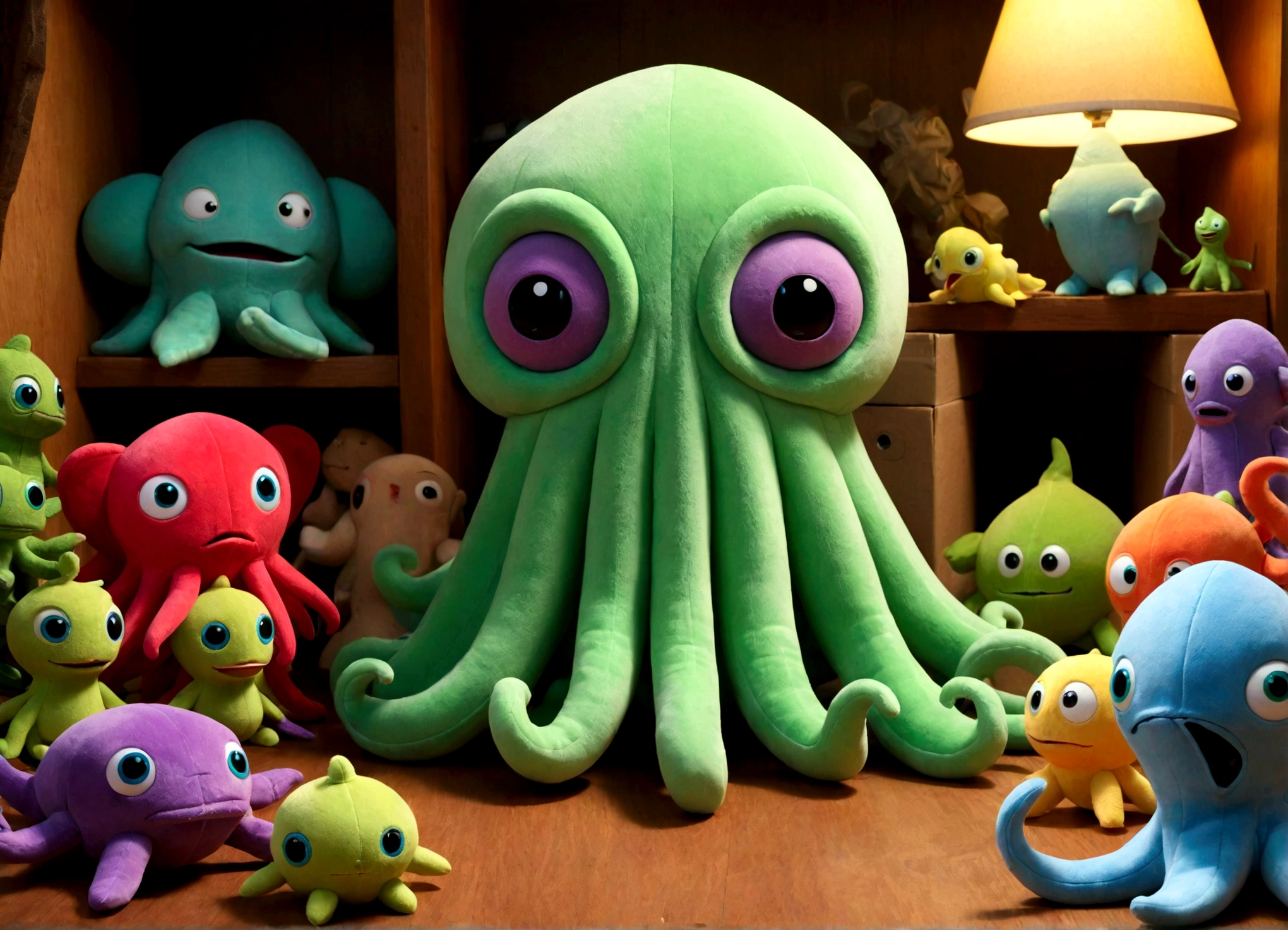 Pixar style plushy Cthulu rising from Andy's toybox to destroy the cast of Toy Story