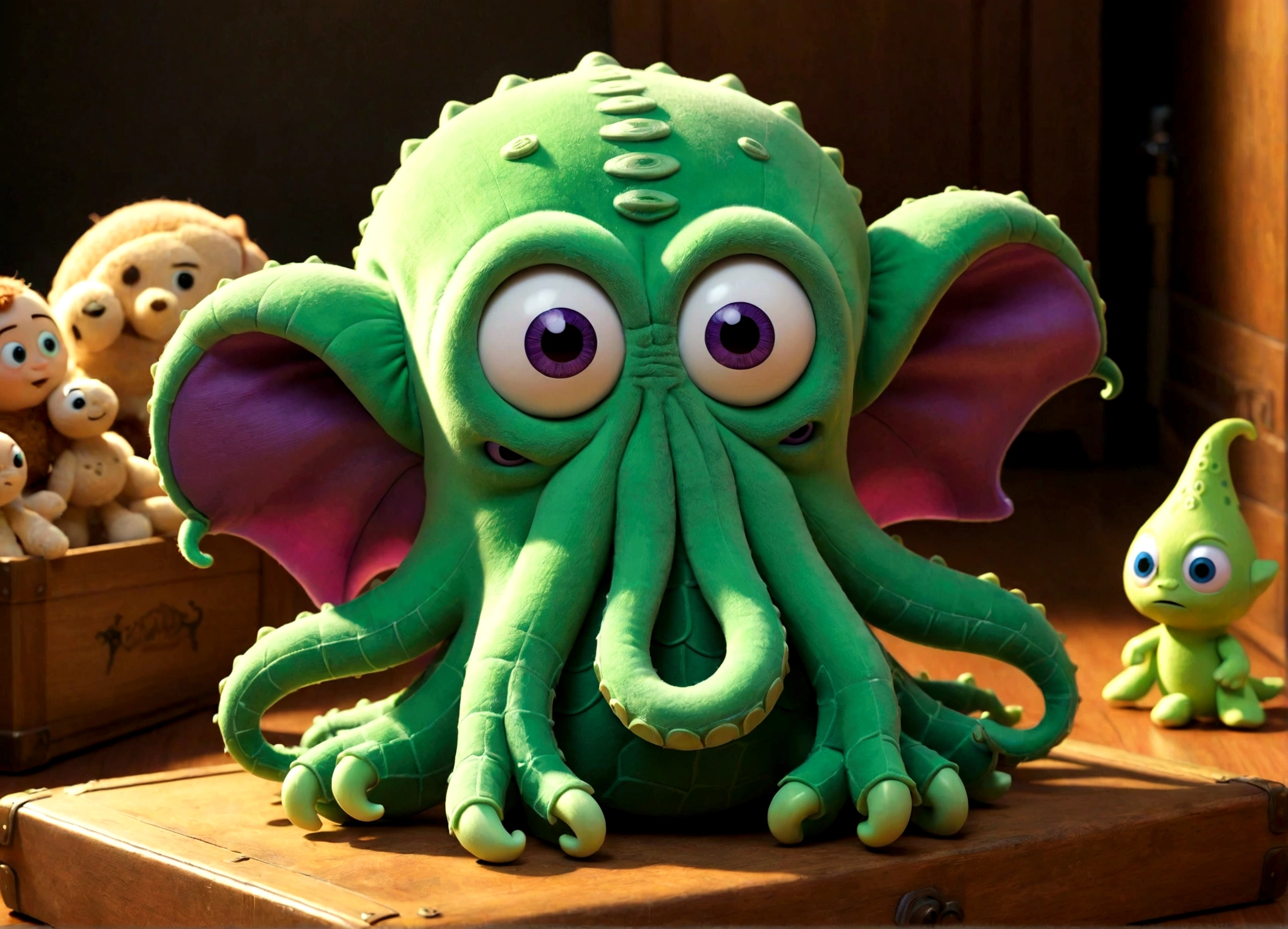 Pixar style plushy Cthulu rising from Andy's toybox to destroy the cast of Toy Story