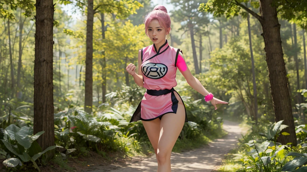 A hyper-realistic cinematic action portrait of the world's most beautiful female martial artist, her vivid bubblegum pink hair styled in an intricate topknot secured by a black scrunchie, wearing a sleeveless pink qipao with daring cheongsam-inspired slits that Fluttering slit midi skirt expose her toned legs and bare feet, accentuating her athletic yet feminine figure.