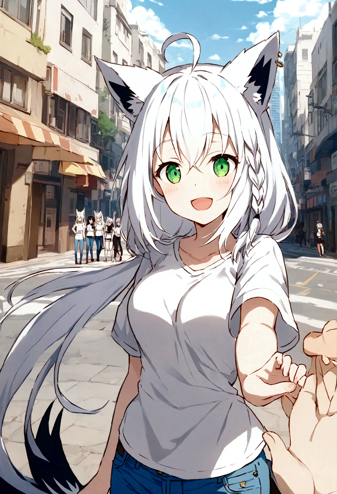 score_9, score_8_up, score_7_up, score_6_up, score_5_up, score_4_up, BREAK source_anime,POV,city,outdoor,smile,standing, Shirakami_Fubuki, white hair, long hair, ahoge, animal ears, green eyes, breasts, fox tail,white t-shirt,short sleeves,jeans,denim