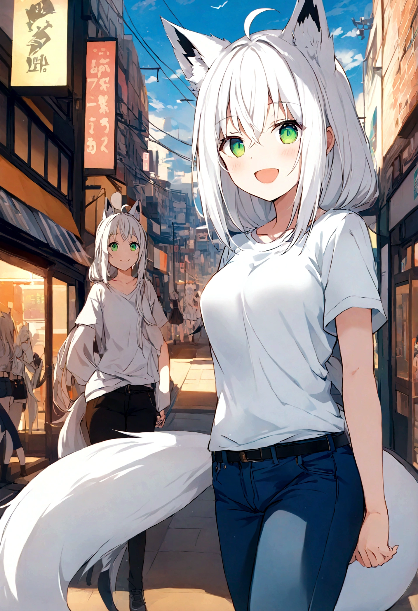 score_9, score_8_up, score_7_up, score_6_up, score_5_up, score_4_up, BREAK source_anime,POV,city,outdoor,smile,standing, Shirakami_Fubuki, white hair, long hair, ahoge, animal ears, green eyes, breasts, fox tail,white t-shirt,short sleeves,jeans,denim