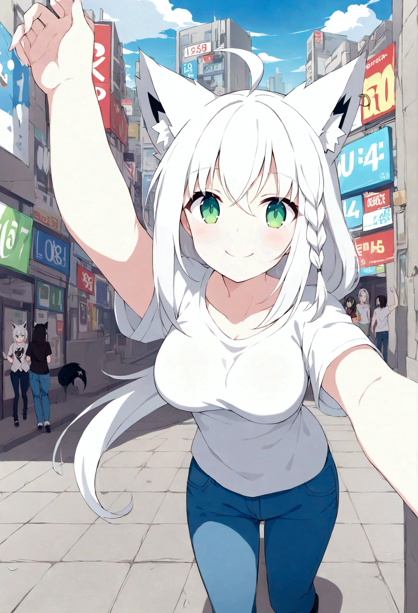 score_9, score_8_up, score_7_up, score_6_up, score_5_up, score_4_up, BREAK source_anime,POV,city,outdoor,smile,standing, Shirakami_Fubuki, white hair, long hair, ahoge, animal ears, green eyes, breasts, fox tail,white t-shirt,short sleeves,jeans,denim