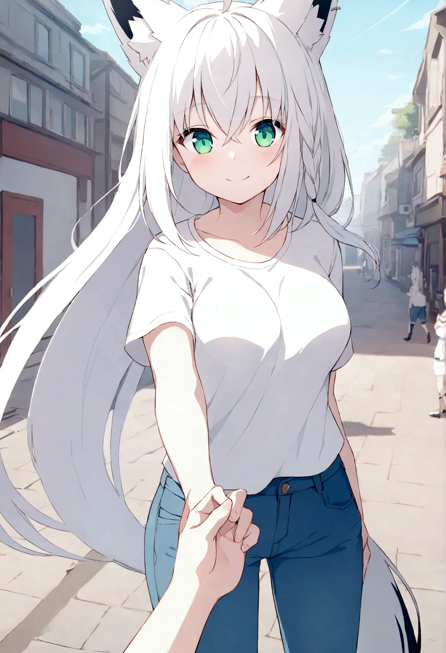 ,pov,outdoor,smile,standing, shirakami_fubuki, white hair, long hair, ahoge, animal ears, green eyes, breasts, fox tail,white t-...