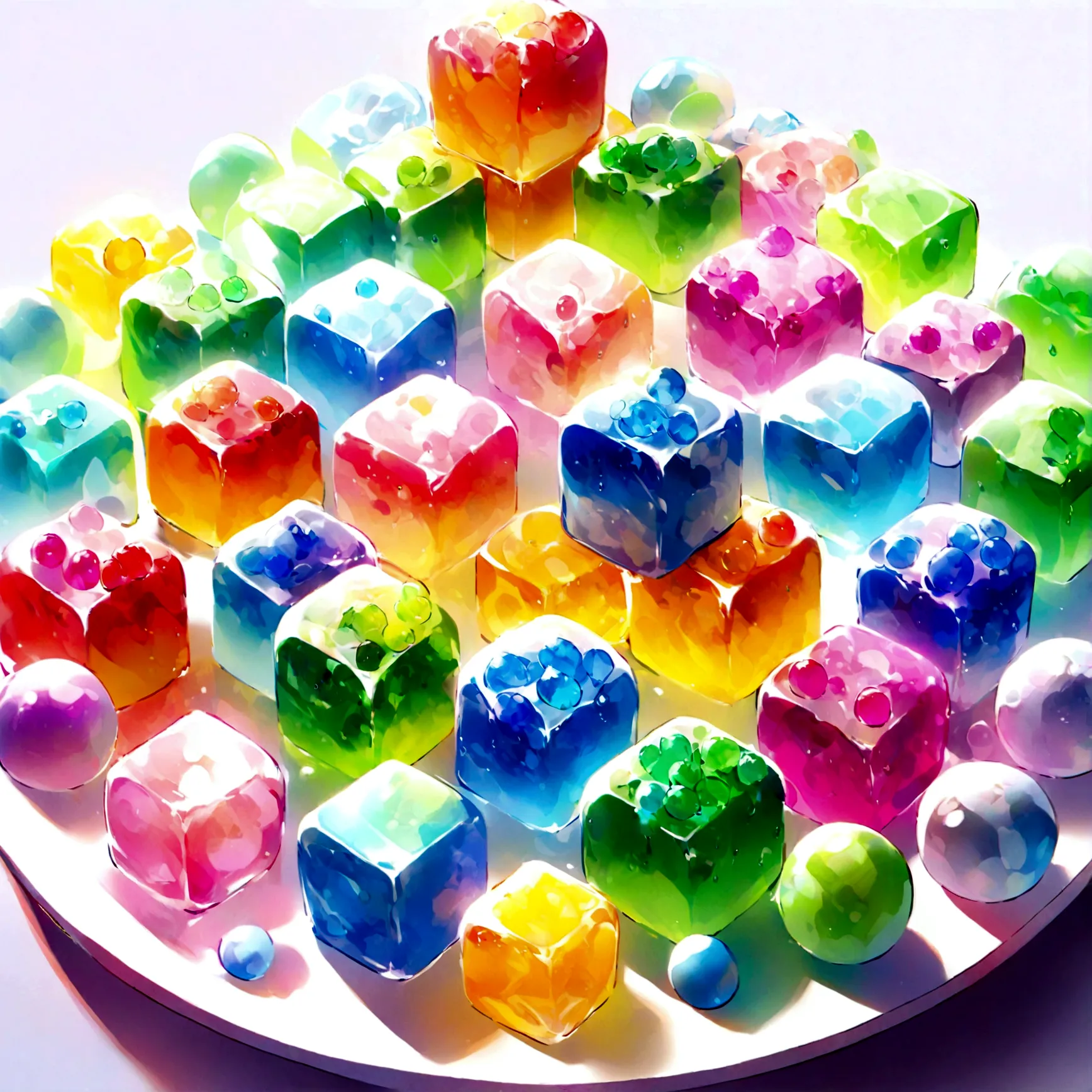 the gelatinous cubes are a dazzling array of bite-sized treats, each cube exhibiting a vibrant and otherworldly glow. these cube...