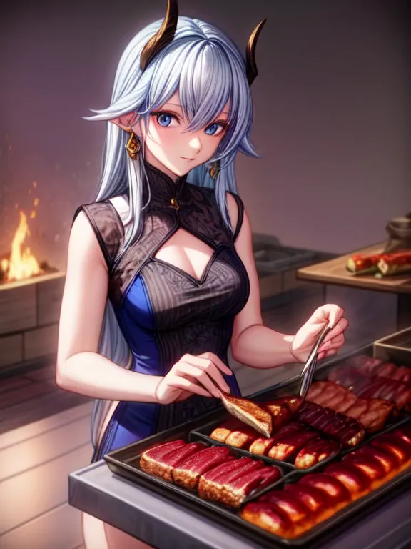 beautiful young girl, white hair, capricorn horns, barbecue cooking