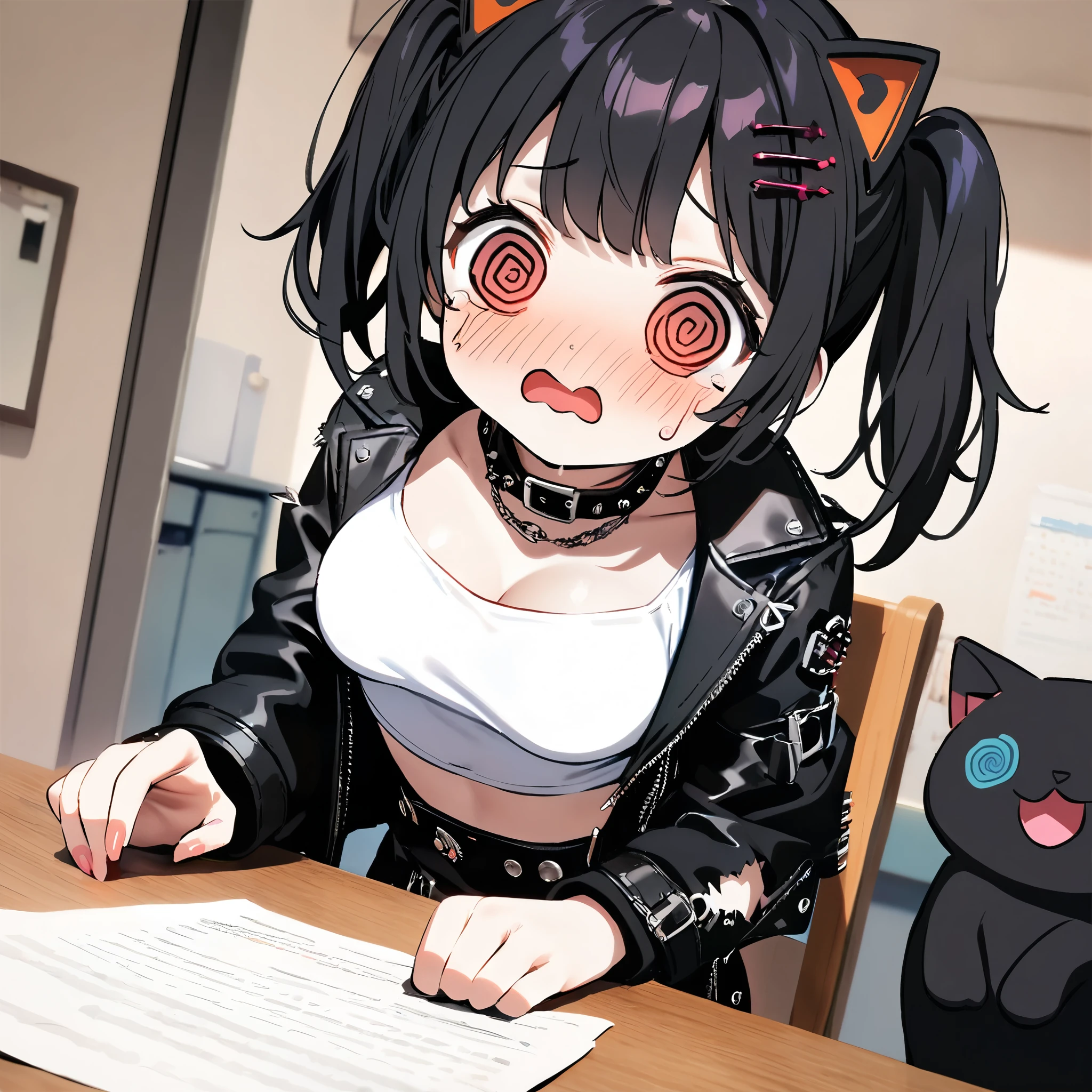 2d,female\(cute,kawaii,age of 12,crying,confused\((very small galaxy circling around head:0.5)\),floating hair,(black hair:1),(long twin tails hair),pale skin,skin color blue,red eyes,eyes shining,(big eyes),(ripped clothes:1.5),tight tube top,(breast:1.4),tight hot pants,(stomach shown:0.6),(punk fashion:1.4),(ripped black short jacket:1.4),fluffy black cat-ear,better hands,Perfect Hands,full body,(bright white @_@:1.8)\) is detention and taking a exam in the front of the mad teacher, BREAK ,at the college room,[chibi:1.4],[nsfw:2.0],quality\(8k,wallpaper of extremely detailed CG unit, ​masterpiece,hight resolution,top-quality,top-quality real texture skin,hyper realisitic,increase the resolution,RAW photos,best qualtiy,highly detailed,the wallpaper/),dynamic angle,[nsfw:0.8],cat ear,[nsfw]