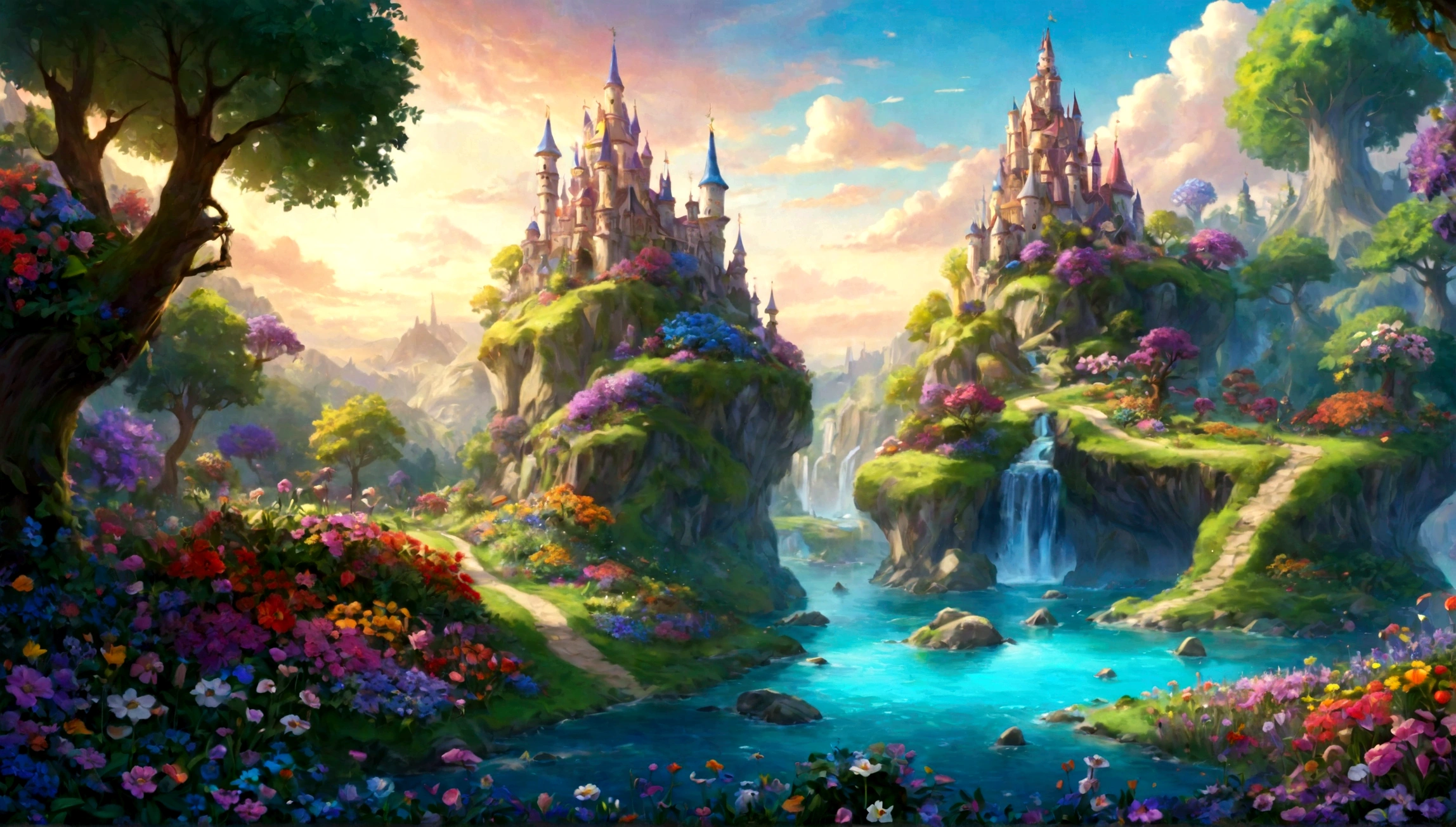 flowery glade, flowery glade city, many flowers, huge flowers, ((flower glade)), city in flowery glade, fairytale city, magical city