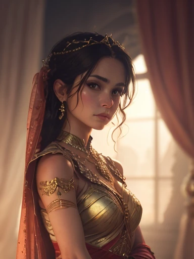 (Masterpiece), best quality, highest quality, highly detailed CG unity 8k wallpaper, original, high resolution, (depth of field: 1.5), fidelity: 1.3, warrior portrait style, 1 girl,warrior woman, curtains, solo, earrings,