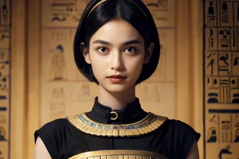 242 20-year-old female, short hair,kind, lipstick, Egyptian civilization, Waist belt, Hieroglyphics