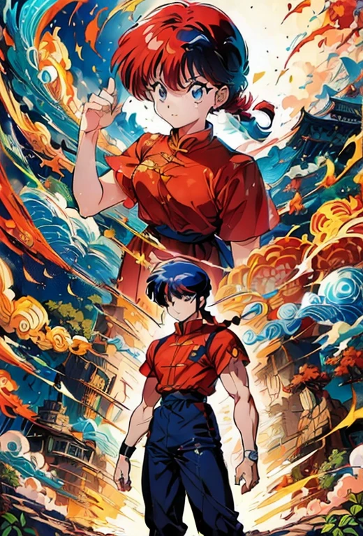 ((Two people in Chinese style: A man is standing behind the woman)),woman,male,(Ranma, Ranmaw),(1 pigtail),Ranma 1/2,Combat pose,Dynamic pose,(masterpiece:1.3),(highest quality:1.4),(Super detailed:1.5),High resolution,Very detailed,unity 8k wallpaper,Official Art,Perfect Anatomy,(Anime screenshots:1.11),(90s Anime,90s anime style,Cel-shaded anime:1.17),break,Ranma red shirt,break,Black trousers,break,((red haired woman)),break,((黒髪male性: male性的な目と眉毛)),break,1990s \(style\),retro art style,((RanmaChan:1.52)),chinese garment,battle style,looks happy,Rumiko Takahashi's painting style,chinese style background,Place Chinese products,Intricate details,Very detailed,Zentangle Elements,Cover illustration,draw a clear line,Rich colors,colorful,ultra joyful