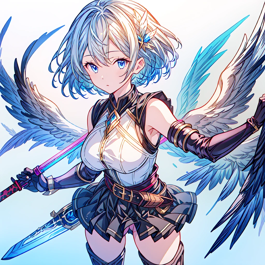 Dynamic composition、(((One girl))),One girl, alone, Milky white short hair, Magic wand, wing, Black background, sword, Knee socks, Holding, skirt, hair ornaments, gloves, boots, feathered wing, Holding 武器, feather, Two-Way, black skirt, blue eyes, black gloves, Milky hair, whole body, belt, Exposing shoulders, thigh boots, Holding sword, elbow gloves, Gauntlet, [(White Background:1.5),::5] (Isoscale:1.0), Double Exposure, bubble,
Mid Shot, whole body,masterpiece, highest quality,(colorful),(Beautifully detailed eyes and face),Cinema Lighting,Highly detailed CG Unity 8k wallpaper、Super huge、whole body、