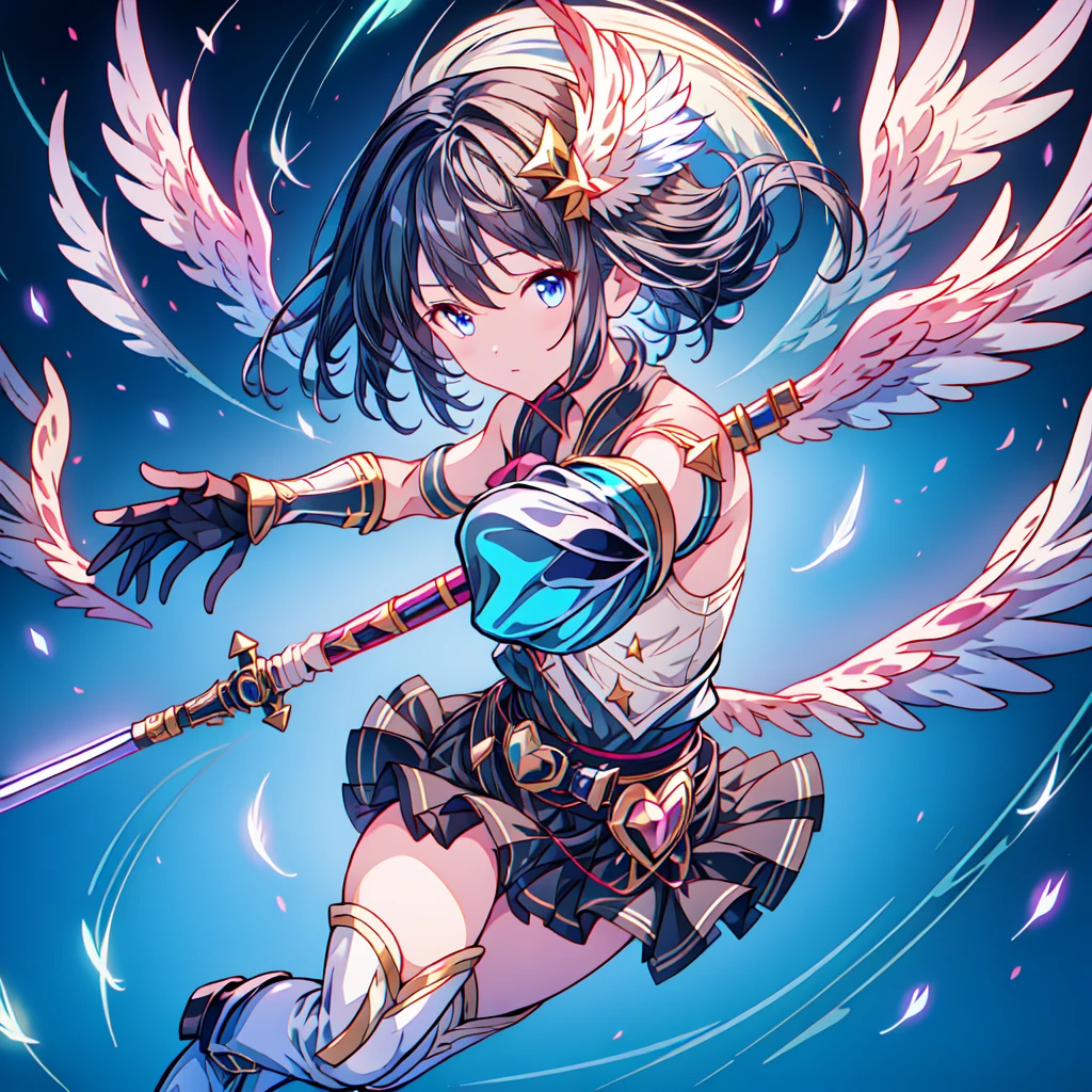 Dynamic composition、Magical girl、(((One girl))),One girl, alone, Milky white short hair, Magic wand, wing, Black background, sword, Knee socks, Holding, skirt, hair ornaments, gloves, boots, feathered wing, Holding 武器, feather,  black skirt, blue eyes, black gloves, Milky hair, whole body, belt, Exposing shoulders, thigh boots, Holding Magic wand, elbow gloves, Gauntlet, [(White Background:1.5),::5] (Isoscale:1.0), Double Exposure, bubble,
Mid Shot, whole body,masterpiece, highest quality,(colorful),(Beautifully detailed eyes and face),Cinema Lighting,Highly detailed CG Unity 8k wallpaper、Super huge、whole body、