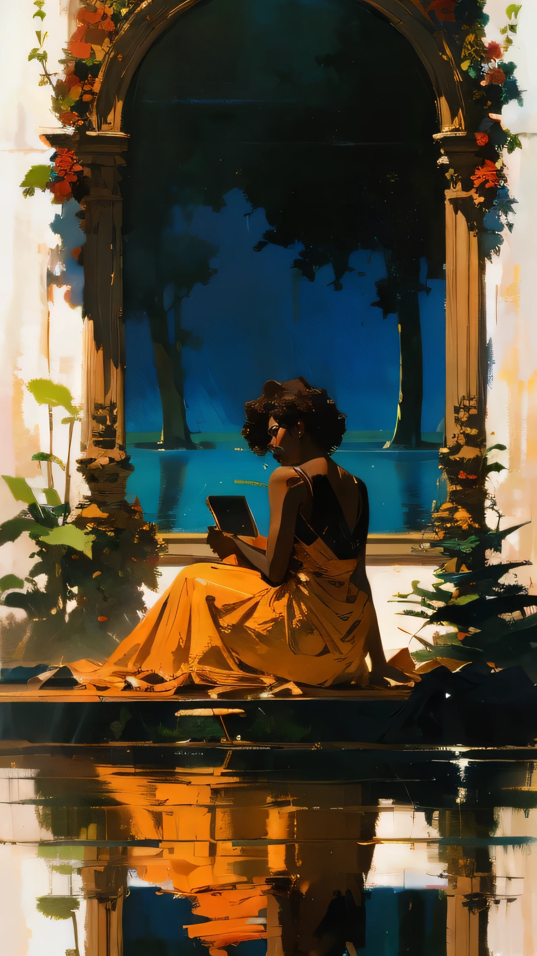 ミニマリスト構成の赤い太陽，黒人女性が座っている，木と水の鏡映し，シュルレアリスム，きれいな背景，高解像度の写真，夢のシーン，ミニマリスト彫刻アートインスタレーション