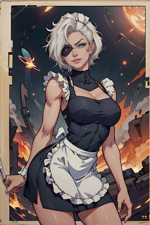 Beautiful female cyborg soldier wearing maid clothes、Short white hair、Muscular、Six Pack Abaid clothes:1.8)、(White ruffled apron:1.4)、Facial blemishes、Eye patch、（Engage in a gunfight with space gangsters:1.55）、Smirking expression、Dynamic configuration、detailed、Photorealistic、8k、High resolution、Super detailed、Cinematic lighting、Dramatic colors、SF、Concept Art