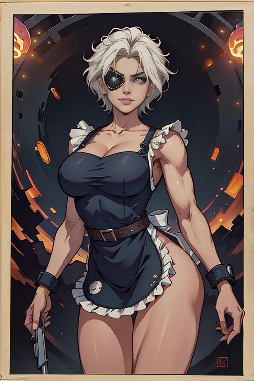 Beautiful female cyborg soldier wearing maid clothes、Short white hair、Muscular、Six Pack Abaid clothes:1.8)、(White ruffled apron:1.4)、Facial blemishes、Eye patch、（Engage in a gunfight with space gangsters:1.55）、Smirking expression、Dynamic configuration、detailed、Photorealistic、8k、High resolution、Super detailed、Cinematic lighting、Dramatic colors、SF、Concept Art