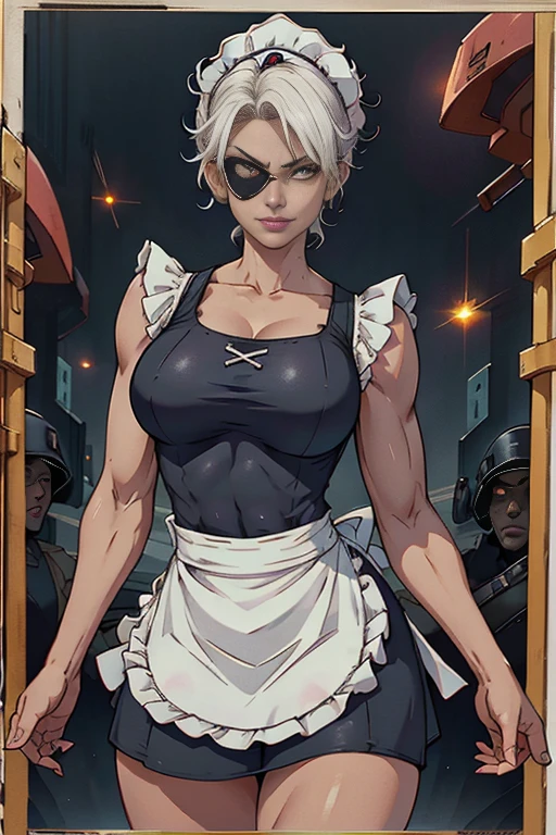 Beautiful female cyborg soldier wearing maid clothes、Short white hair、Muscular、Six Pack Abaid clothes:1.8)、(White ruffled apron:1.4)、Facial blemishes、Eye patch、（Engage in a gunfight with space gangsters:1.55）、Smirking expression、Dynamic configuration、detailed、Photorealistic、8k、High resolution、Super detailed、Cinematic lighting、Dramatic colors、SF、Concept Art