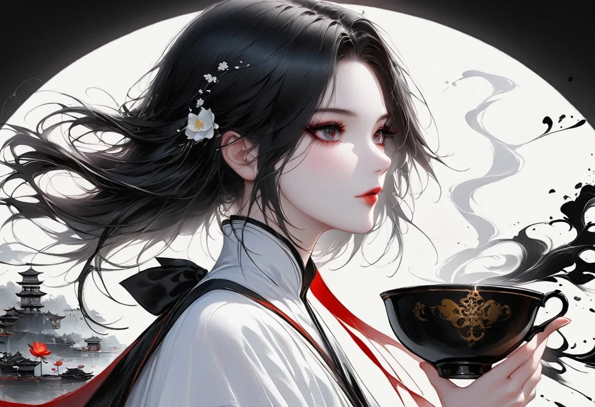 (Lots of white space:1.5)，(Lots of white space around:1.6), White background, simple, Minimalism, abstract,Freehand，Aesthetic，black and white，Ink Painting，antiquity，Lotus，Girl drinking tea，An abstract art illustration, author：Li Song, Arte no estilo de guweiz, arte shin jinyoung, Obra-prima de guweiz, Ross chart 1. 0, Beautiful digital illustrations, Inspired by non-WLOP, simpledigital art, jingna zhang, guweiz, Stunning digital illustrations