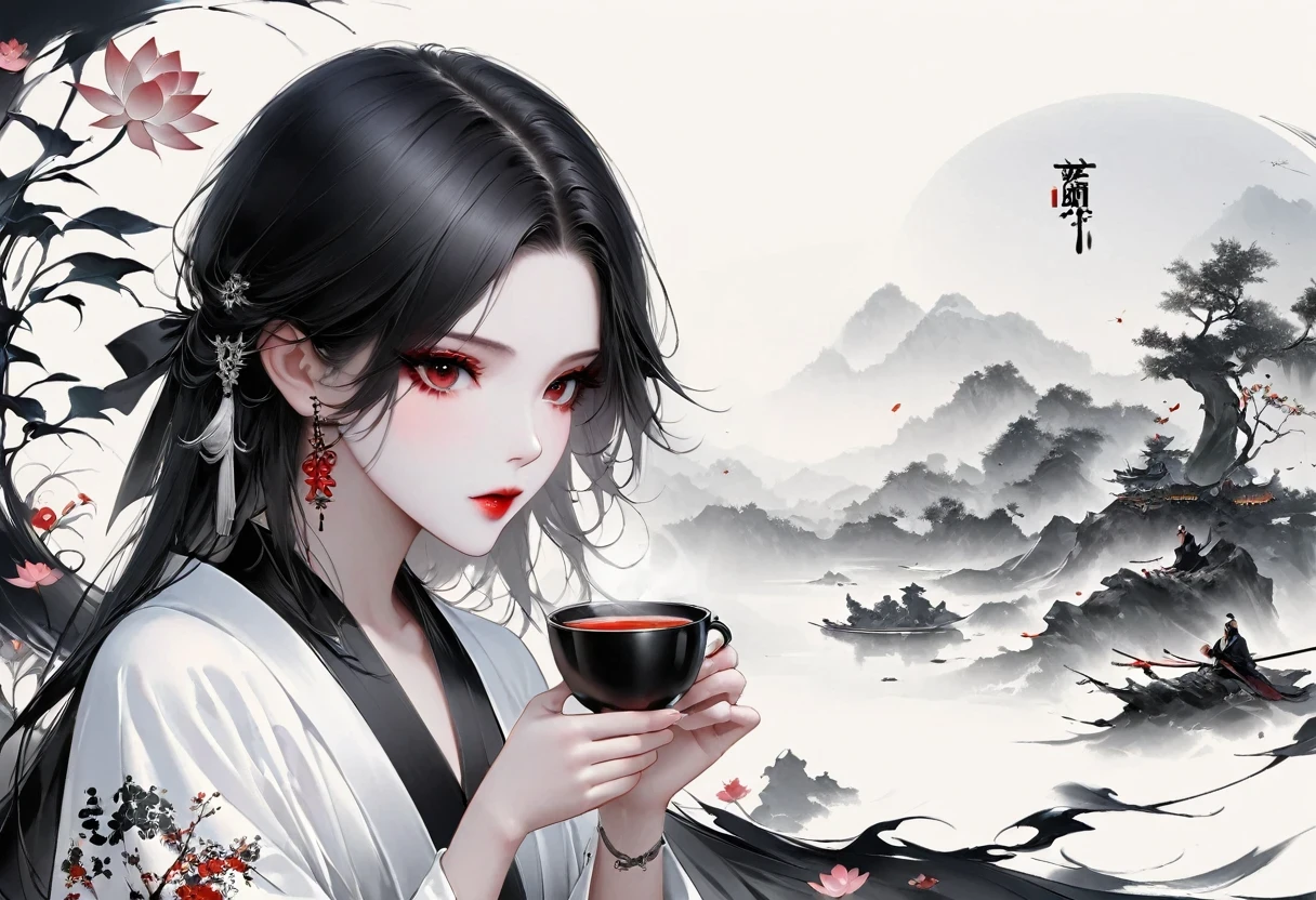 (Lots of white space:1.5)，(Lots of white space around:1.6), White background, simple, Minimalism, abstract,Freehand，Aesthetic，black and white，Ink Painting，antiquity，Lotus，Girl drinking tea，An abstract art illustration, author：Li Song, Arte no estilo de guweiz, arte shin jinyoung, Obra-prima de guweiz, Ross chart 1. 0, Beautiful digital illustrations, Inspired by non-WLOP, simpledigital art, jingna zhang, guweiz, Stunning digital illustrations