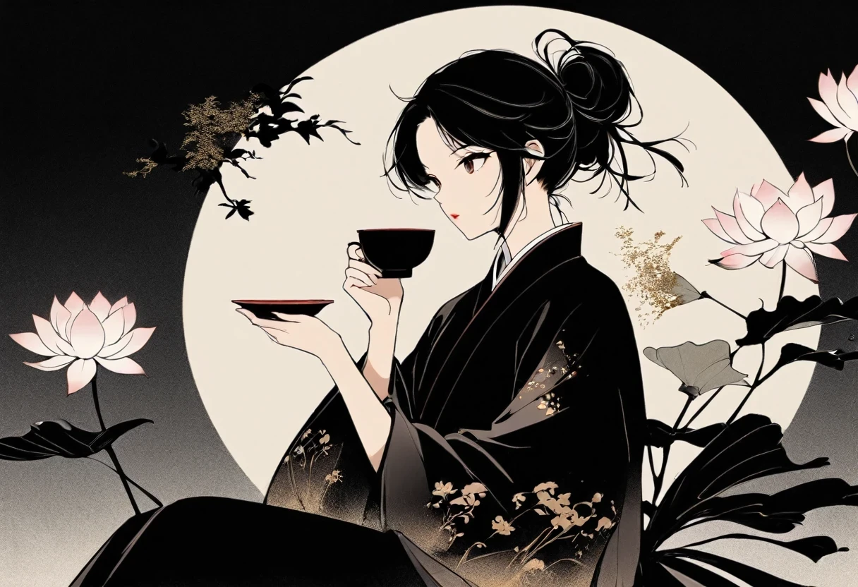 (Leave a lot of white:1.5)，white, White background, simple, Minimalism, abstract,Freehand，Aesthetic，Tai Chi，Gossip，Black and white，Taoist style，Ink Painting，antiquity，Lotus，Girl drinking tea