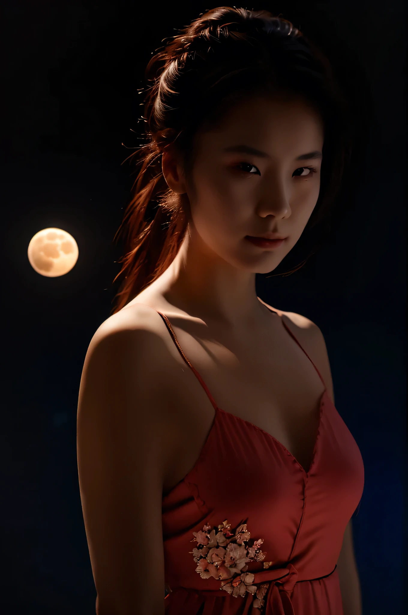 摄影. 一位美丽的日本女人, 穿着中国睡衣, 马尾辫, 玻璃头盔里的脸, 拿着带有红色光环的月亮, 亮蓝色的头发, 灯光略暗, 黑色背景, realistic 摄影. 材质.