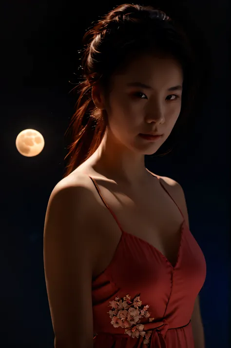 photography. a beautiful Japanese woman, in a Chinese negligee, ponytail hair, face in a glass helmet, holding a moon with a red...