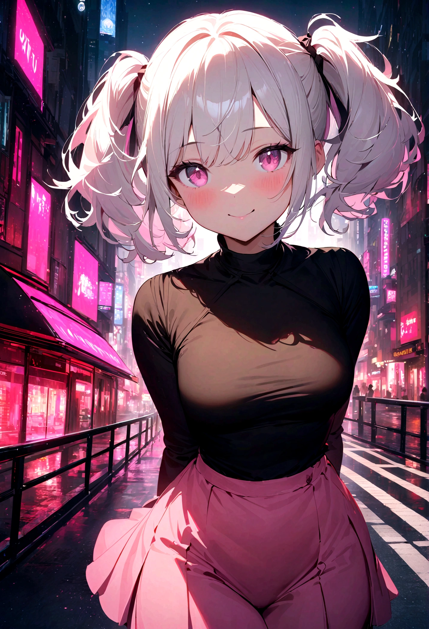 1girl, white hair, short twintails, smiling, pink eyes, wearing plain black shirt, pink skirt, black leggings, city, absurdres, high res, ultrasharp, 8K, masterpiece, looking at viewer, no hat