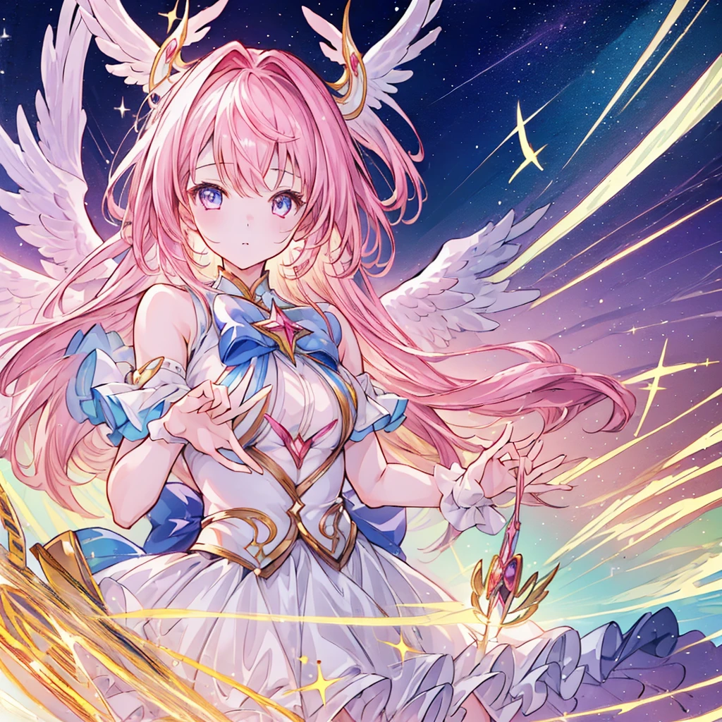 (((One girl))),Dynamic composition、Magical girl、Angel&#39;s wing、One girl, alone, Milky white short hair, Magic wand, wing, Black background, sword, Knee socks, Holding, skirt, hair ornaments, gloves, boots, feathered wing, Holding 武器, feather,  black skirt, blue eyes, black gloves, Milky hair, whole body, belt, Exposing shoulders, thigh boots, Holding Magic wand, elbow gloves, Gauntlet, [(White Background:1.5),::5] (Isoscale:1.0), Double Exposure, bubble,
Mid Shot, whole body,masterpiece, highest quality,(colorful),(Beautifully detailed eyes and face),Cinema Lighting,Highly detailed CG Unity 8k wallpaper、Super huge、whole body、