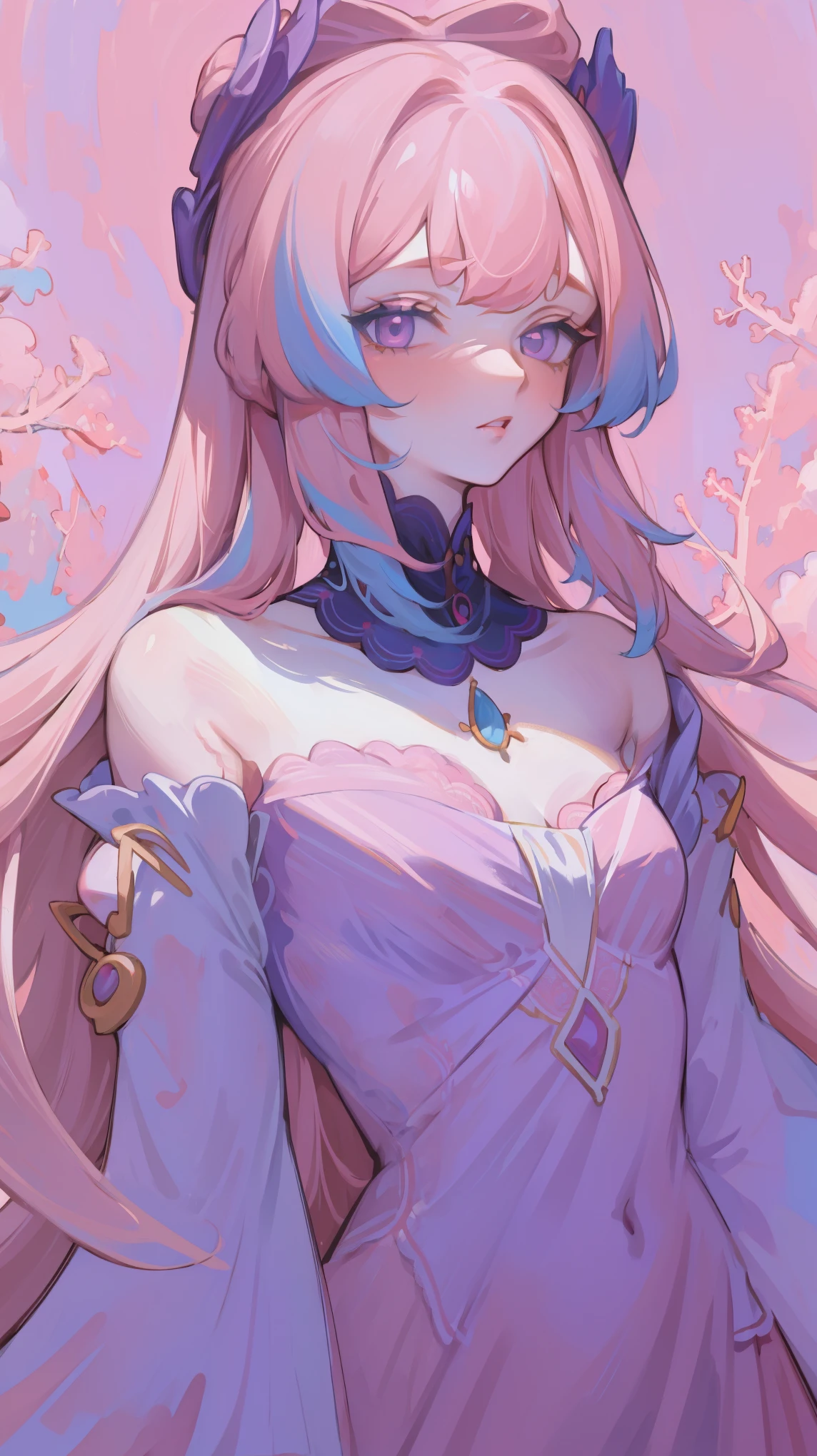 Painted above chest, Honey, (1 girl), ((solo)), ((Solitary)), White skin, By Bangs, Purple-pink eyes, Off-shoulder, Coral hair accessories, Gradient long hair, Pink Hair, Blue Hair, Purple pink eyeshadow, red lips, (Lace dress), masterpiece, high quality