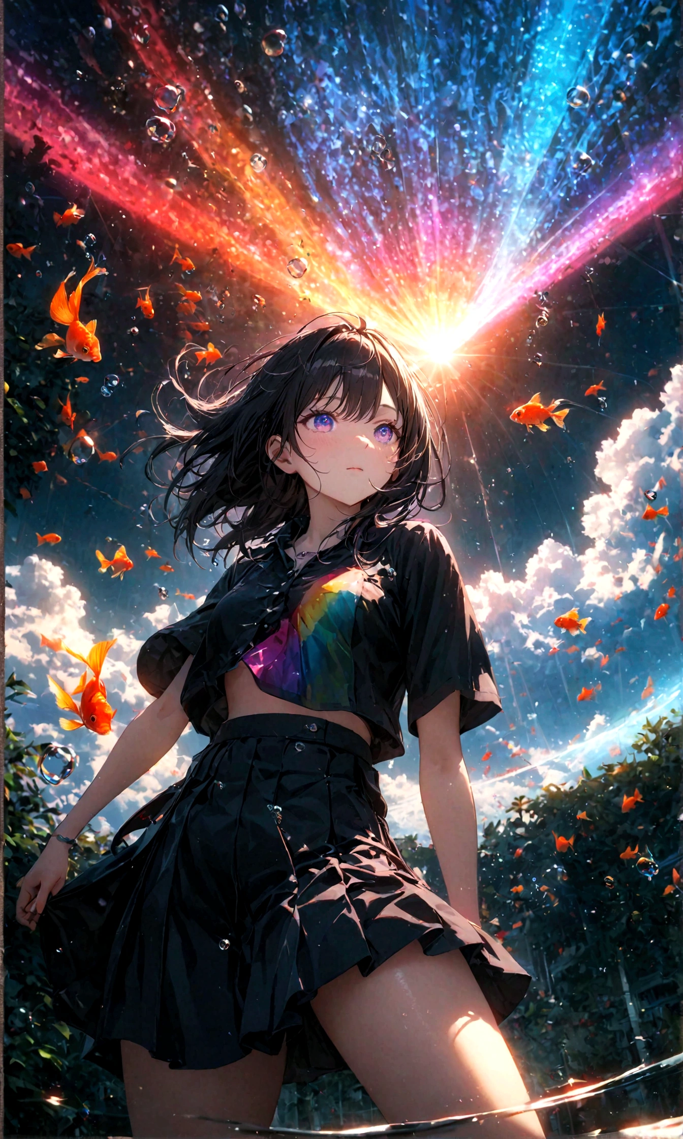(female\(student, age of 15, JK, short silver floating hair, cosmic colored eyes, black color uniform of school, pale skin, tired face with no shine in the eyes\) is looking up at the sky), (so many goldfish are swimming in the air), beautiful sky, beautiful clouds, summery colorful flowers are blooming here and there, (crystal clear bubbles are shining prism here and there in the sky), there is the noonday moon and noonday stars in the sky, female is at messy downtown, BREAK ,quality\(8k,wallpaper of extremely detailed CG unit, ​masterpiece,hight resolution,top-quality,top-quality real texture skin,hyper realisitic,increase the resolution,RAW photos,best qualtiy,highly detailed,the wallpaper,cinematic lighting,ray trace,golden ratio\),(long shot),wide shot,